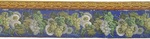 Bordüre mit Weinranken, Weintrauben und weißen Blüten auf blauem Fond mit goldegelbem Blattstab