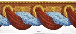 Draperiebordüre als rote Stoffbahn mit blauem Blütenband umwunden und goldgelbem Ornamentdekor