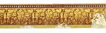 Bordüre mit goldfarbenem Akanthusblattdekor, grauem Perlstab auf rotem Velour und kanneliertem Band