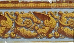 Bordüre mit goldgelben Schwänen und Akanthusblattvoluten auf hellblauem Grund mit abschließendem Palmettenfries