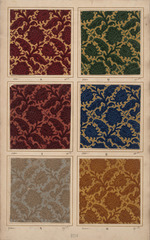 Papiertapete mit Imitaton eines Reliefsamtes auf unterschiedlichen Geweben, Musterblatt mit sechs Farbstellungen