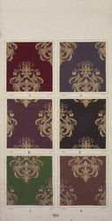 Papiertapete mit Imitation einer Stickerei mit Gold- und
Silberfäden in Anlegetechnik, Musterblatt mit sechs Farbstellungen