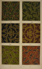 Papiertapete mit Imitation einer Applikationsstickerei zweier unterschiedlicher Samtgewebe, Musterblatt mit sechs Farbstellungen