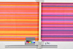 1970er: Streifendekortapete in Lila, Pink, Blau und roten Streifen unterschiedlicher Breite "Regenbogen" aus der "Kollektion arte 2"