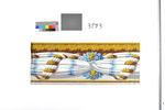 Bordüren, Draperie in weiß mit hellblauen Streifen umwickelt von Kordel-Blütengirlande in weiß und goldgelb sowie goldgelber Ornamentdekor