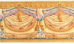 Draperiebordüre als goldfarbene Stoffbahn mit Efeuranken und Fransenband, türkis-rosafarbenen Dekorbändern und Blüten