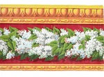 Bordüre mit Blumenband aus weißem Flieder und grünen Blättern mit goldgelben Abschlußbordüren