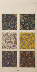 Papiertapete mit Imitation einer Stickerei mit Chenillefaden,
Musterblatt mit sechs Farbstellungen