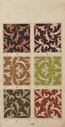 Papiertapete mit Imitation einer Applikationsstickerei, Musterblatt mit sechs Farbstellungen