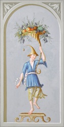 Wandaufteilung im chinoisen Stil: Tänzer in blauem Gewand, mit spitzem Hut und Füllhorn
