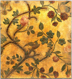 Goldledertapete mit farbigen Blumenranken und Vogel