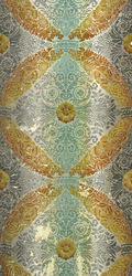 Iristapete mit Rosetten und Akanthusblattvoluten sowie floraler Ornamentdekor