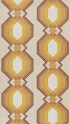 1970er: Prägetapete, mit großflächigem Rautenmotiv in orange, gelb und braun, Dessin Nr. 8548 "maya" aus der Kollektion "International"