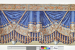 Draperiebordüre in blau mit goldfarbenen Kordeln, Troddeln und Blattbordüre, sowie abschließendem Palmettenfries