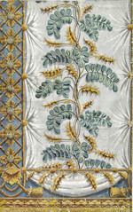 Tafel, Kat.Nr. 59 (Arnold-Katalog), drei Flächen mit Akazienblättern und gelben stacheligen Disteln auf drapierten weißen Fond umrahmt von geflochetenen floralen Ornamenten in Gelb.