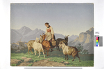 Bildtapete "Les Chèvres" mit Ziegenhirtin vor Gebirgslandschaft