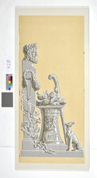 Wandaufteilung des Schlafzimmers von Cit.V. in Paris: Stele mit antiker Büste, Efeuranken, Stab und Hund