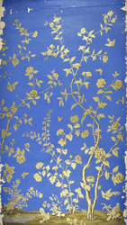 Tapete, Blumen und Vögel in Gold auf blau, "Dekor Wilhelmsthal Homburg", asiatisch