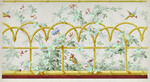 Entwurf, Blumendekor mit Vögeln und blauen Schmetterlingen welche durch ein Bambusgitter mit grünen Ranken und roten Beeren fliegen
