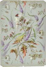 Entwurf, Blumendekor mit Sommerflieder und Disteln mit Admiral auf einer Distelblüte