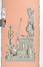 Wandaufteilung des Schlafzimmers von Cit.V. in Paris: Stele mit antiker Büste, Weinlaub und Thyrsosstab